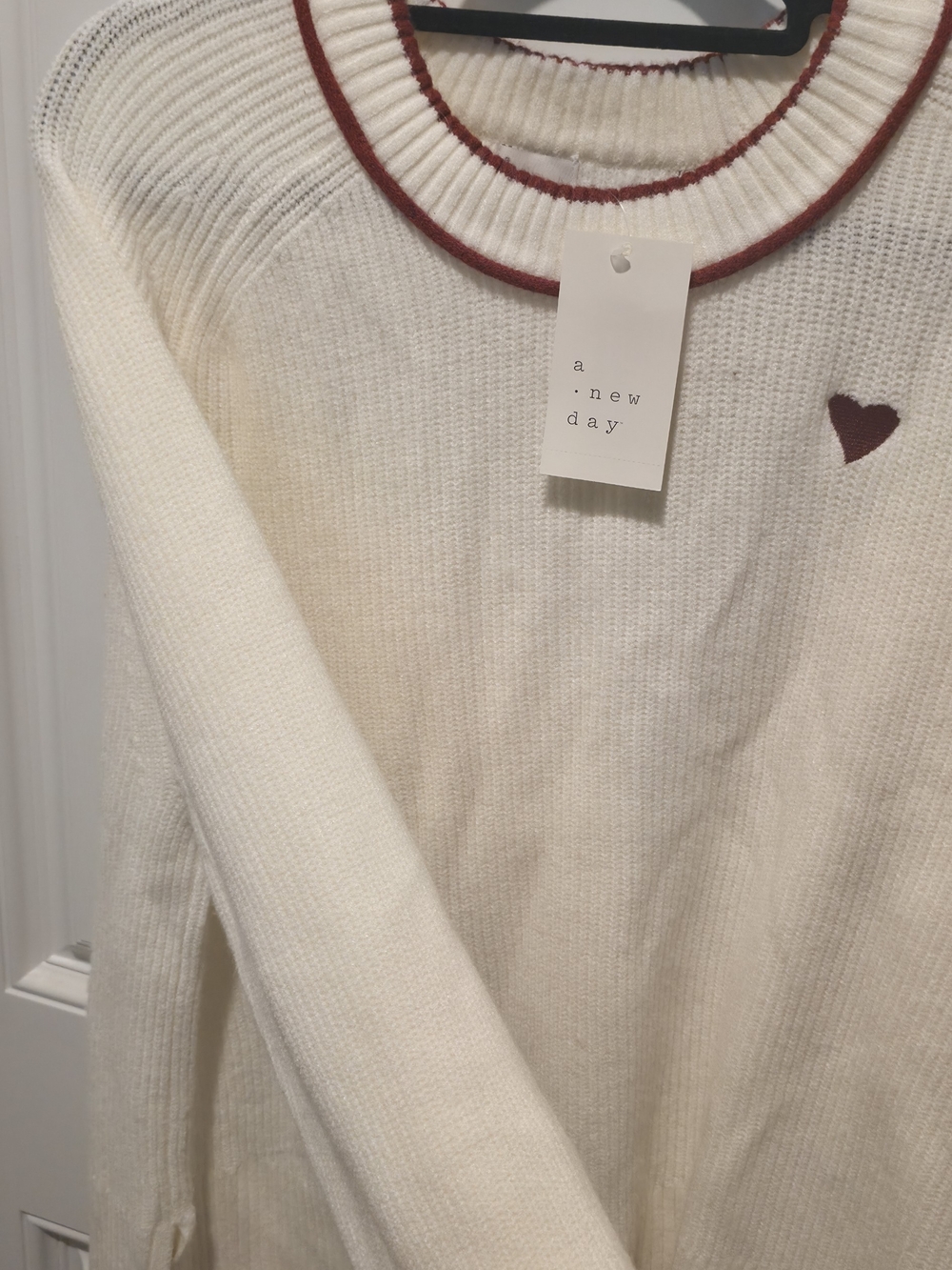 a new day Cream Sweater with Maroon Heart and Trim